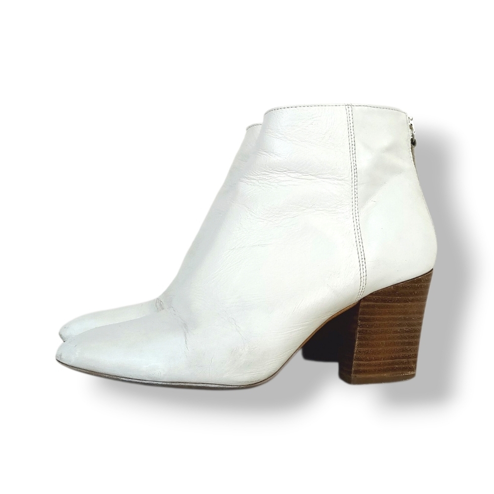 Zara White Ankle Booties Pointed Toe Minimal Stacked Wood Heel Eu 37 Sleek Cute